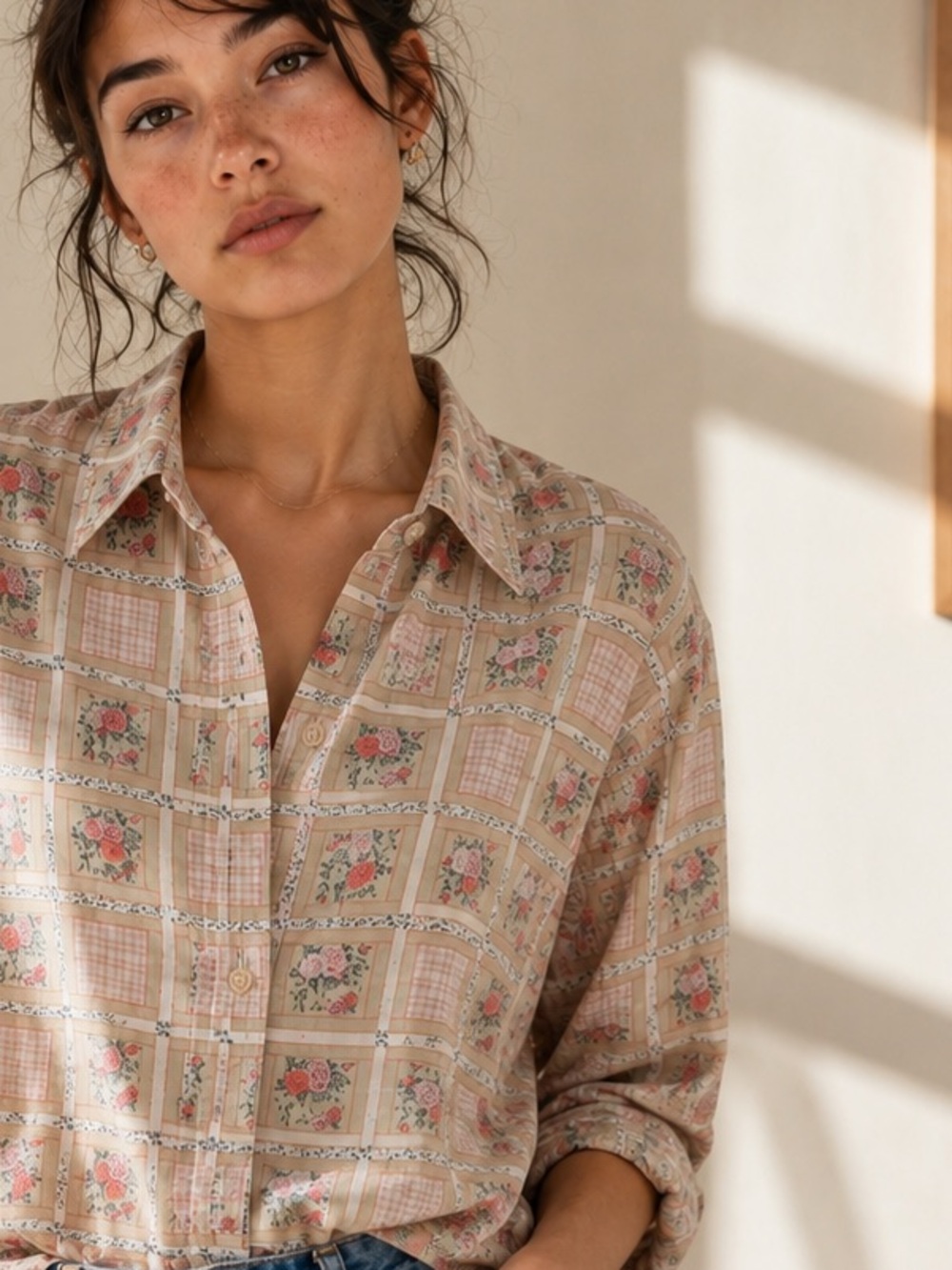 IPOTESI vintage Women's Beige Floral Button-Down Shirt